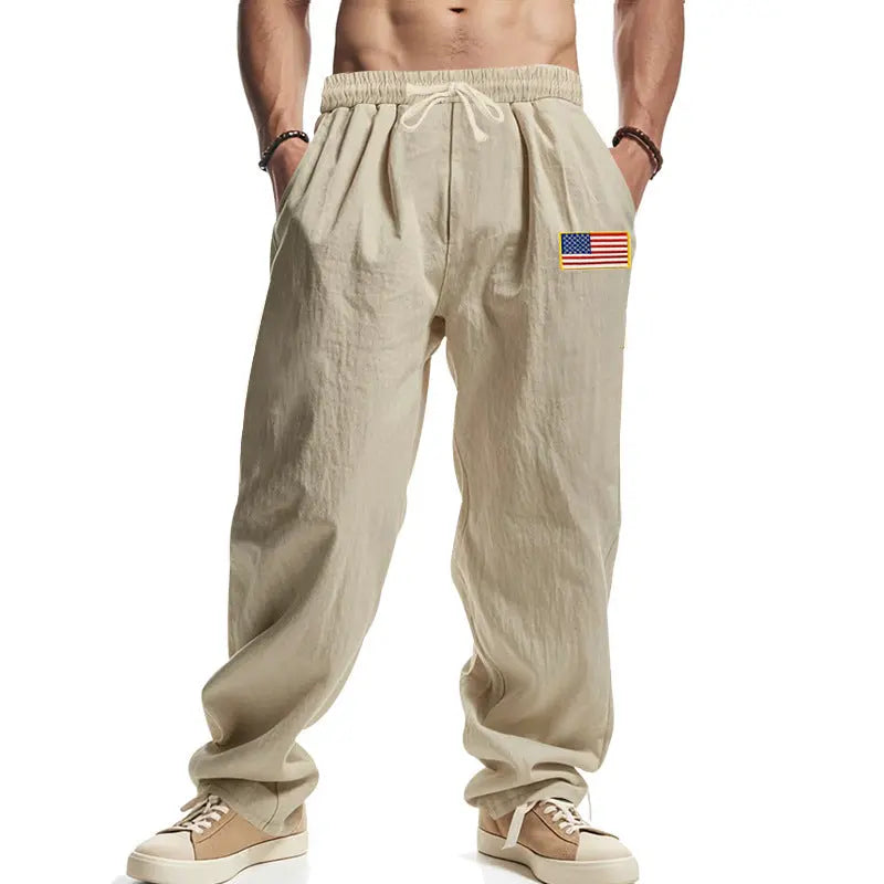 American Spring Men's Linen Hip Hop Machete Wide Leg Trousers  Pre2brand Khaki-3XL