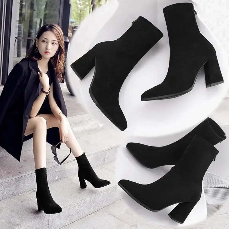 Ankle Chunky High Heel Sock Chelsea Boots Women Autumn Fashion Pointed Frosted Suede Short Boots Female Pumps Sexy Warm Boots  Pre2brand