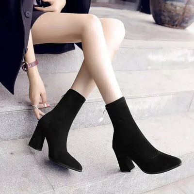 Ankle Chunky High Heel Sock Chelsea Boots Women Autumn Fashion Pointed Frosted Suede Short Boots Female Pumps Sexy Warm Boots  Pre2brand