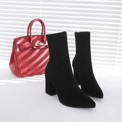 Ankle Chunky High Heel Sock Chelsea Boots Women Autumn Fashion Pointed Frosted Suede Short Boots Female Pumps Sexy Warm Boots  Pre2brand