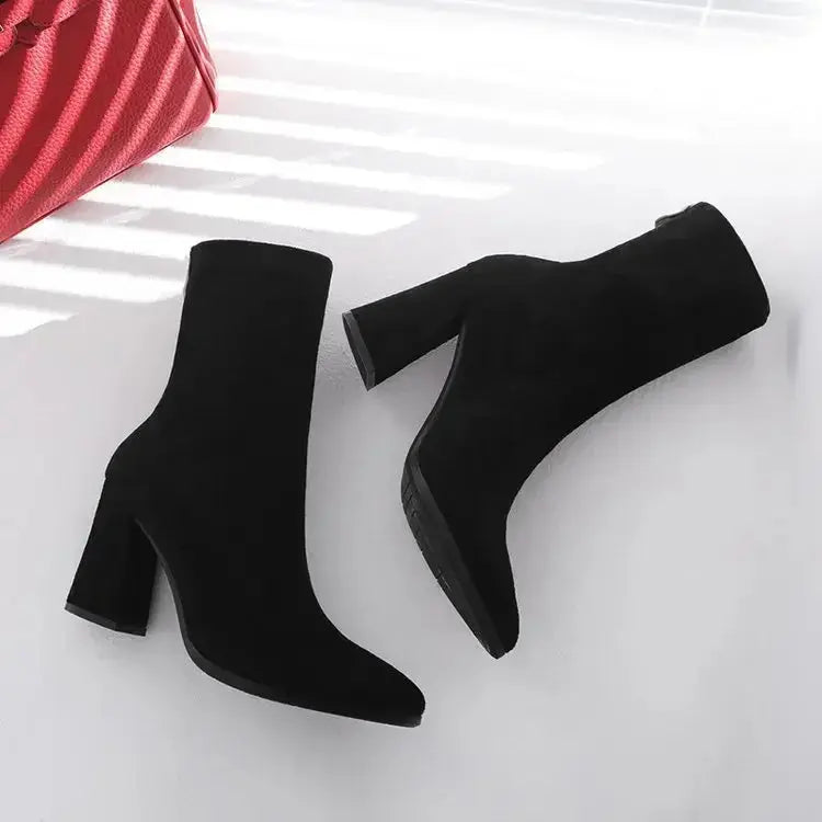 Ankle Chunky High Heel Sock Chelsea Boots Women Autumn Fashion Pointed Frosted Suede Short Boots Female Pumps Sexy Warm Boots  Pre2brand