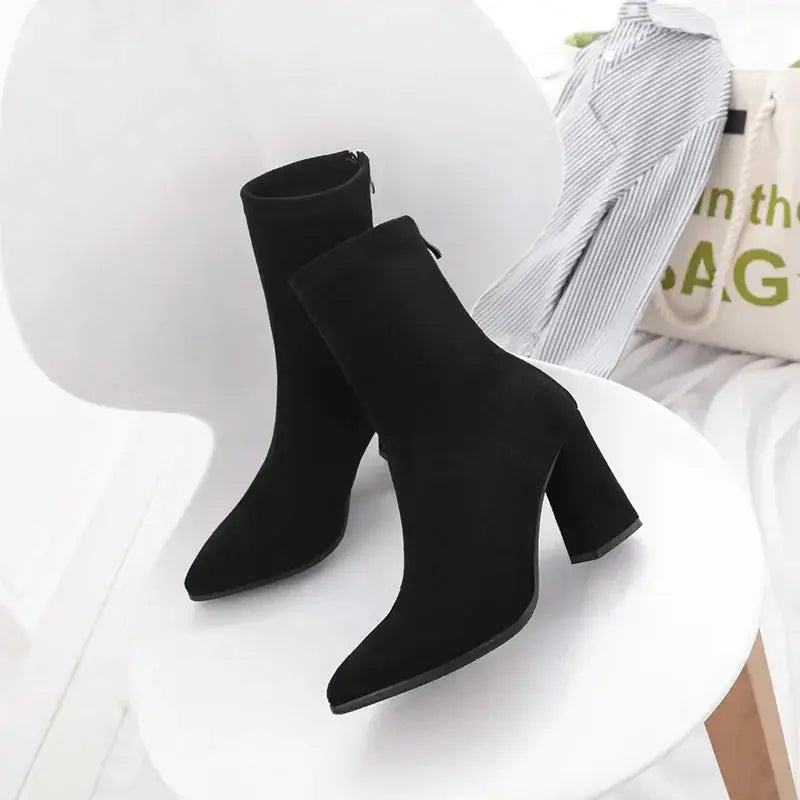 Ankle Chunky High Heel Sock Chelsea Boots Women Autumn Fashion Pointed Frosted Suede Short Boots Female Pumps Sexy Warm Boots  Pre2brand