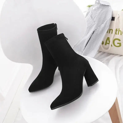 Ankle Chunky High Heel Sock Chelsea Boots Women Autumn Fashion Pointed Frosted Suede Short Boots Female Pumps Sexy Warm Boots  Pre2brand