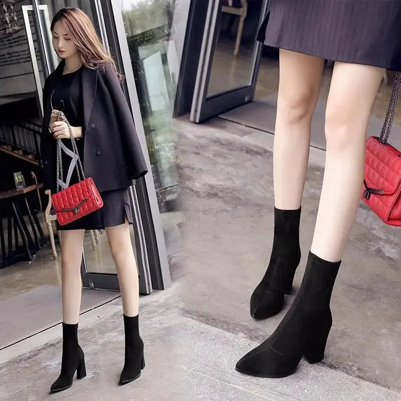 Ankle Chunky High Heel Sock Chelsea Boots Women Autumn Fashion Pointed Frosted Suede Short Boots Female Pumps Sexy Warm Boots  Pre2brand 7CM-and-black-38