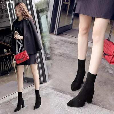 Ankle Chunky High Heel Sock Chelsea Boots Women Autumn Fashion Pointed Frosted Suede Short Boots Female Pumps Sexy Warm Boots  Pre2brand 7CM-and-black-38