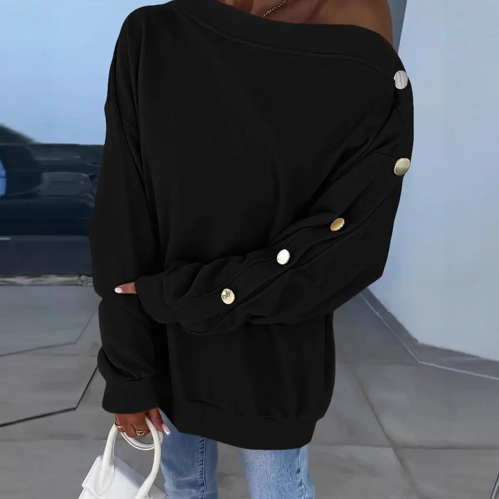Asymmetric Neckline Button Sleeve Drop-shoulder Sweatshirt  Pre2brand Black-XL