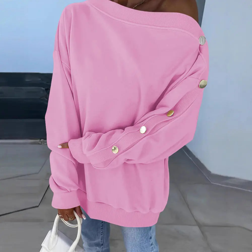Asymmetric Neckline Button Sleeve Drop-shoulder Sweatshirt  Pre2brand Rose-Red-XL