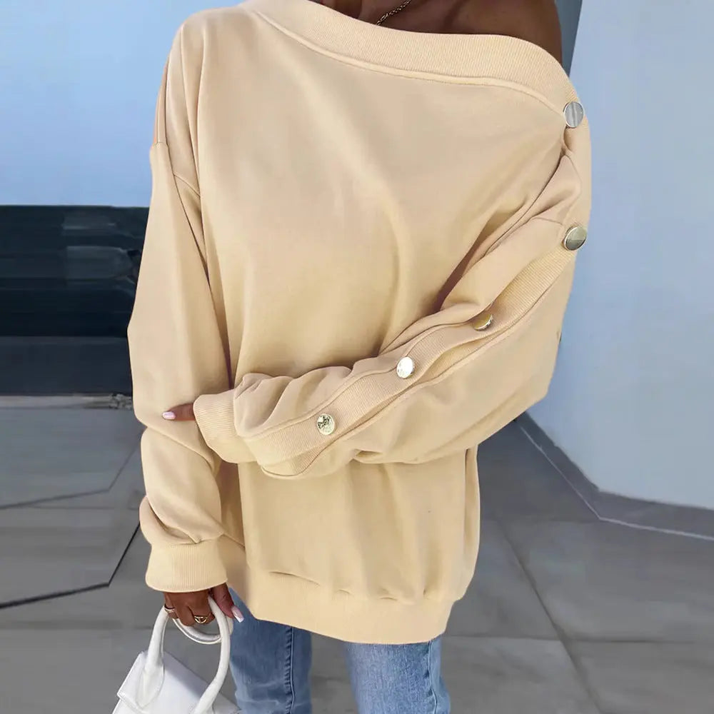 Asymmetric Neckline Button Sleeve Drop-shoulder Sweatshirt  Pre2brand Light-Yellow-XL