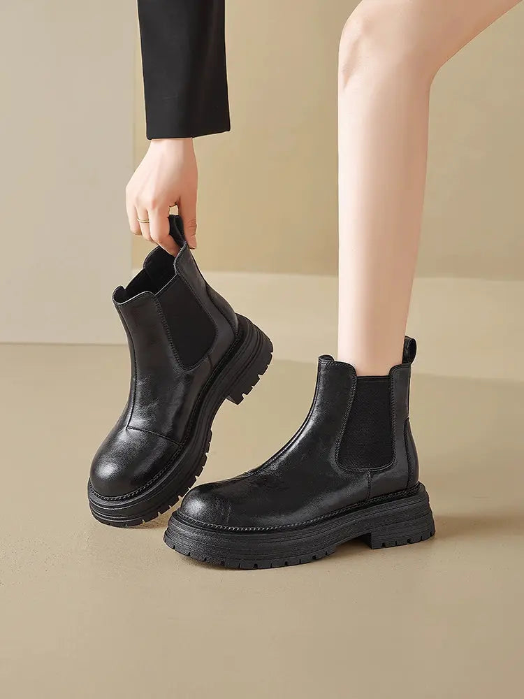 Augusto Black Martin Boots Women 2025 Autumn and Winter New Platform British Style Ankle Boots Chelsea Smoke Pipe Boots - Pre2brand
