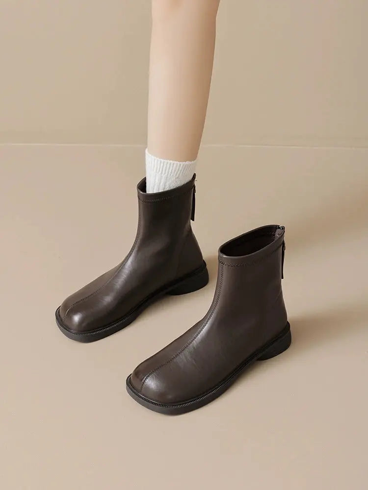 Augusto Brown Ankle Boots Women 2024 New Spring and Autumn Single Boots British Style Retro Chunky Heel Chelsea Martin Boots - Pre2brand