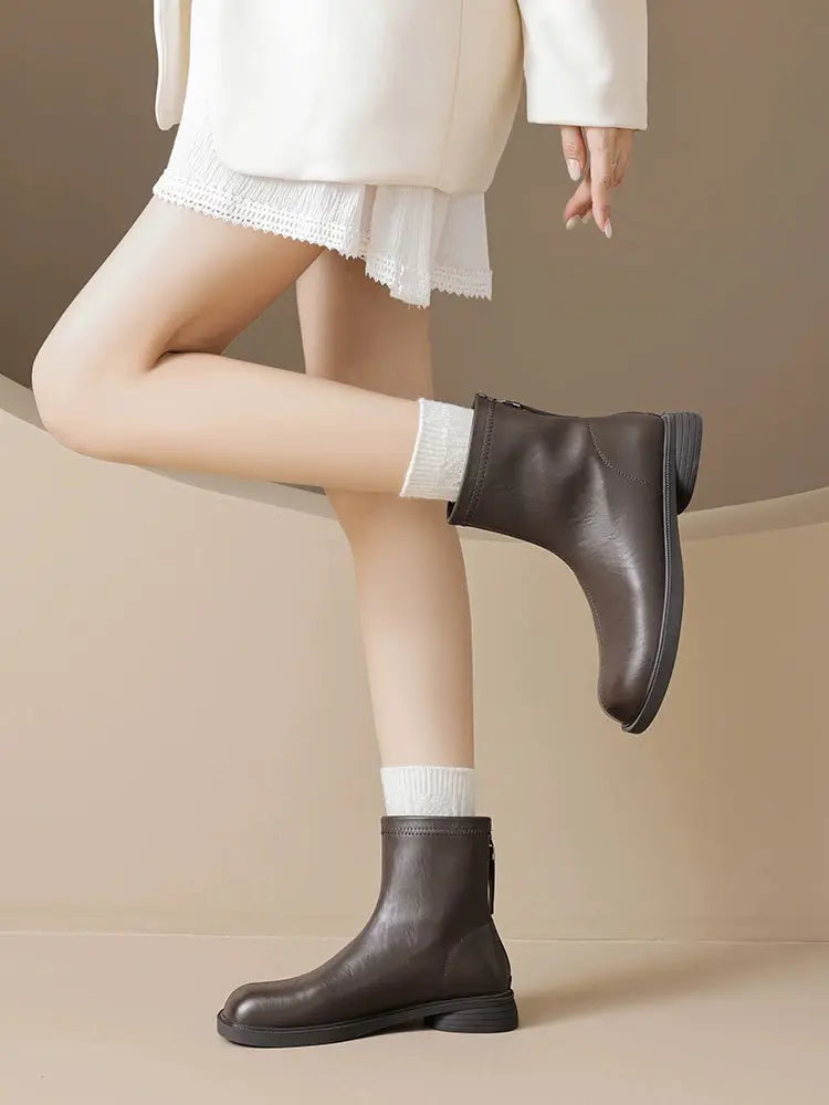 Augusto Brown Ankle Boots Women 2024 New Spring and Autumn Single Boots British Style Retro Chunky Heel Chelsea Martin Boots - Pre2brand