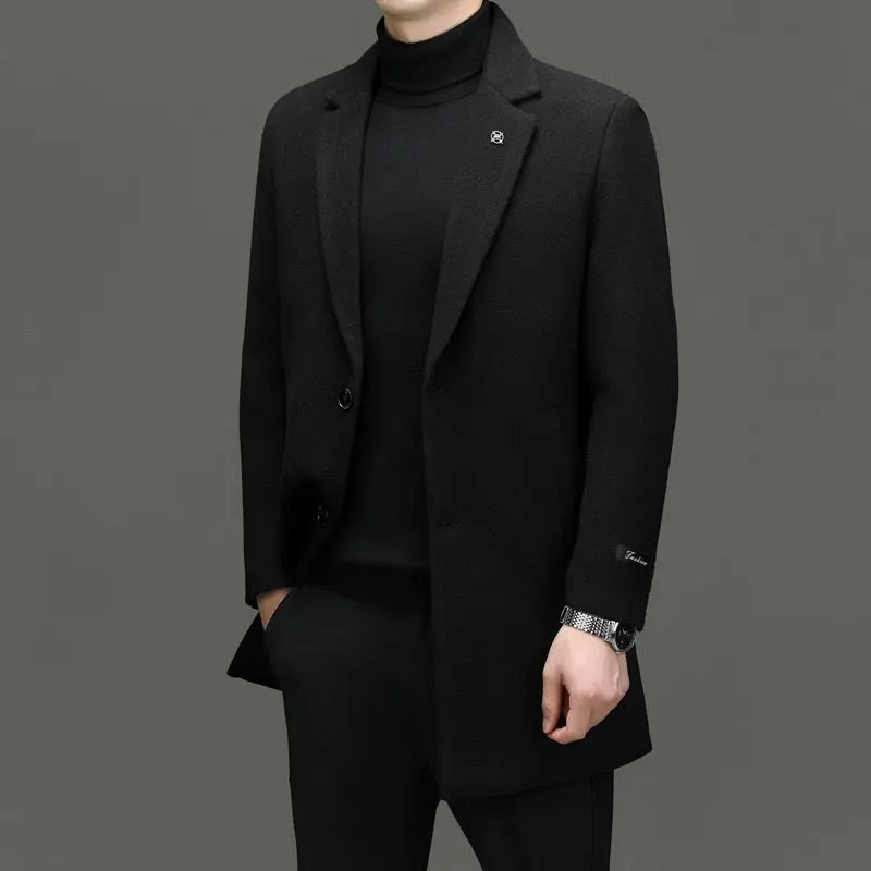 Autumn And Winter Woolen Coat Men's Slim-fit Mid-length Casual Wool  Pre2brand Black-4XL