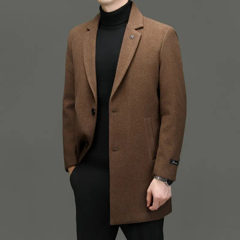 Autumn And Winter Woolen Coat Men's Slim-fit Mid-length Casual Wool  Pre2brand Brown-4XL