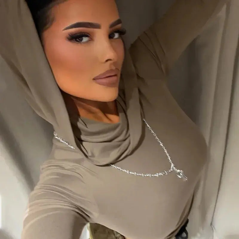 Autumn Women Hooded Slim T-Shirt Y2k Long Sleeve Solid Crop Tops Fashion Sporty Basics Tees Dune Wasteland Style Streetwear  Pre2brand