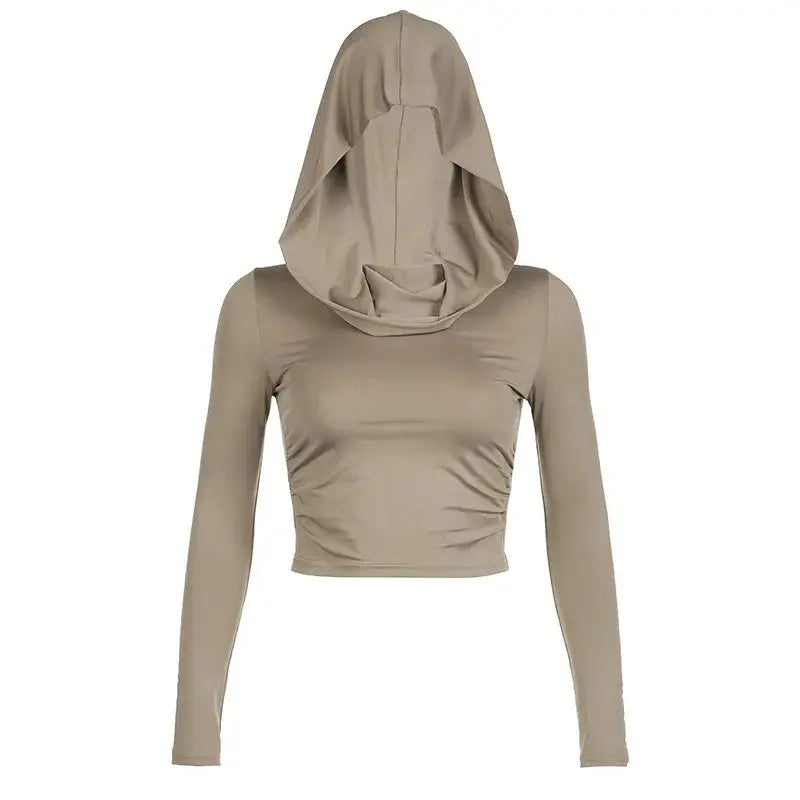 Autumn Women Hooded Slim T-Shirt Y2k Long Sleeve Solid Crop Tops Fashion Sporty Basics Tees Dune Wasteland Style Streetwear  Pre2brand M-Brown