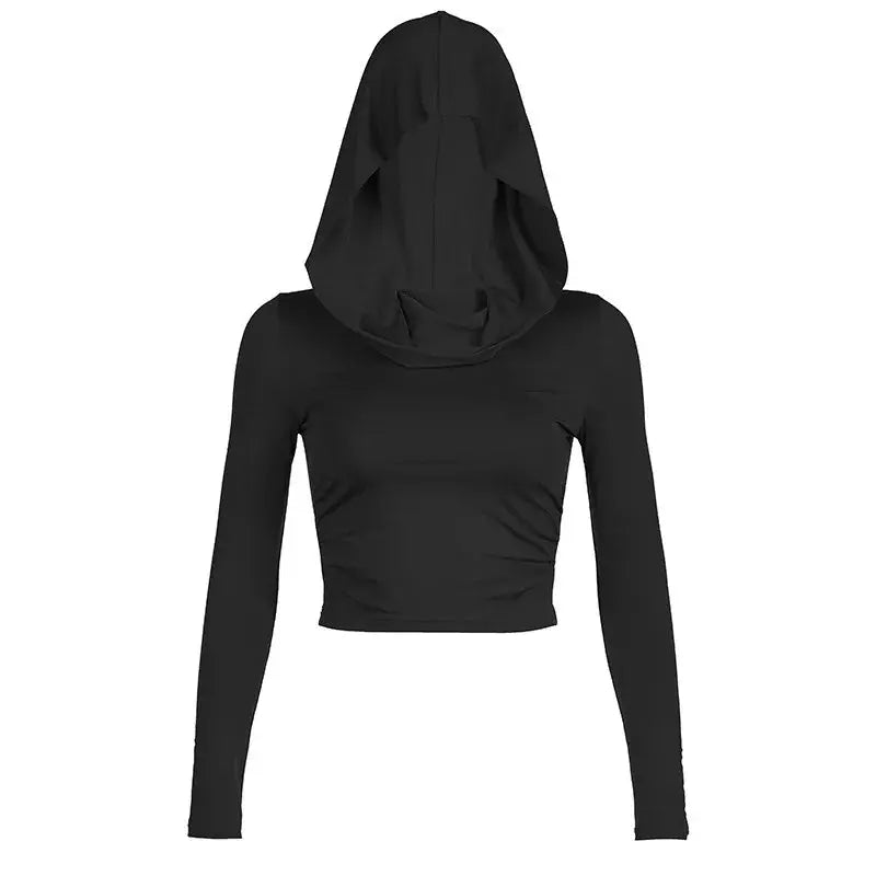 Autumn Women Hooded Slim T-Shirt Y2k Long Sleeve Solid Crop Tops Fashion Sporty Basics Tees Dune Wasteland Style Streetwear  Pre2brand M-Black