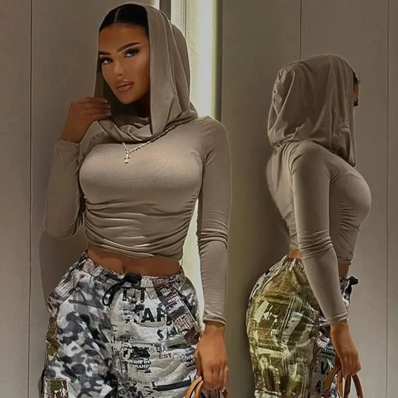 Autumn Women Hooded Slim T-Shirt Y2k Long Sleeve Solid Crop Tops Fashion Sporty Basics Tees Dune Wasteland Style Streetwear - Pre2brand