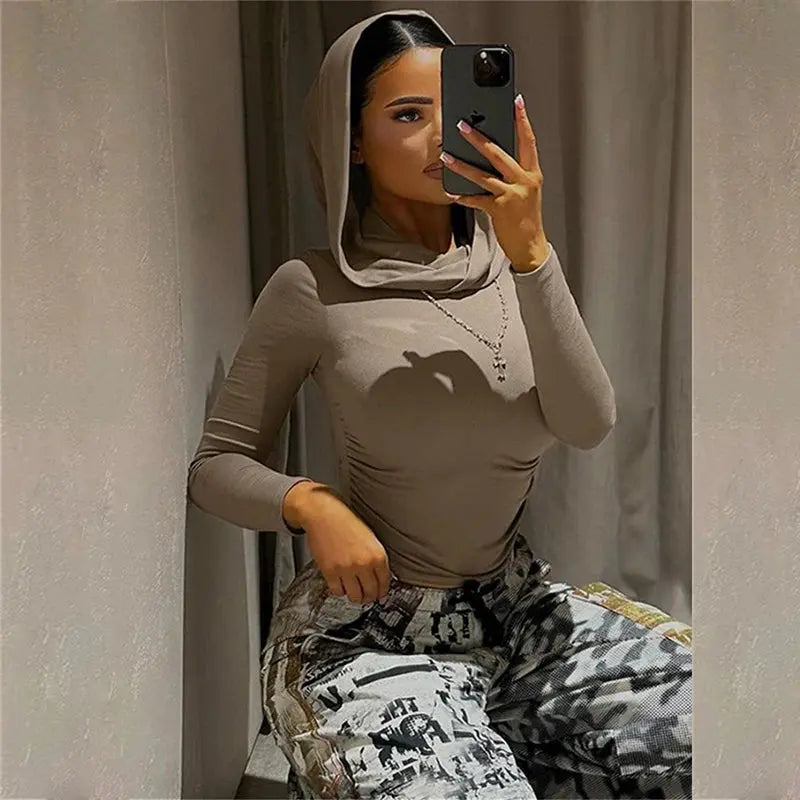 Autumn Women Hooded Slim T-Shirt Y2k Long Sleeve Solid Crop Tops Fashion Sporty Basics Tees Dune Wasteland Style Streetwear - Pre2brand