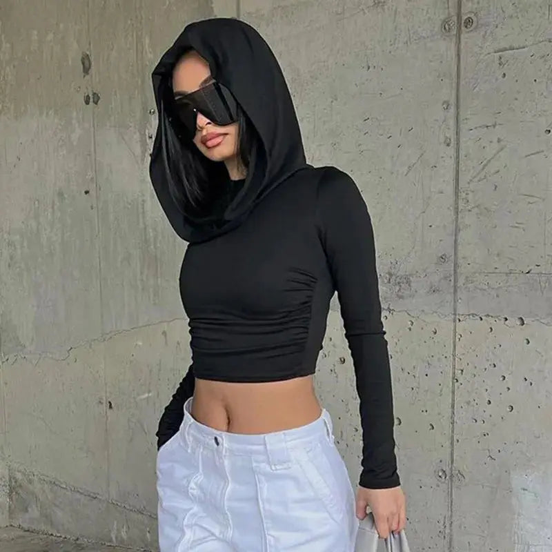 Autumn Women Hooded Slim T-Shirt Y2k Long Sleeve Solid Crop Tops Fashion Sporty Basics Tees Dune Wasteland Style Streetwear - Pre2brand
