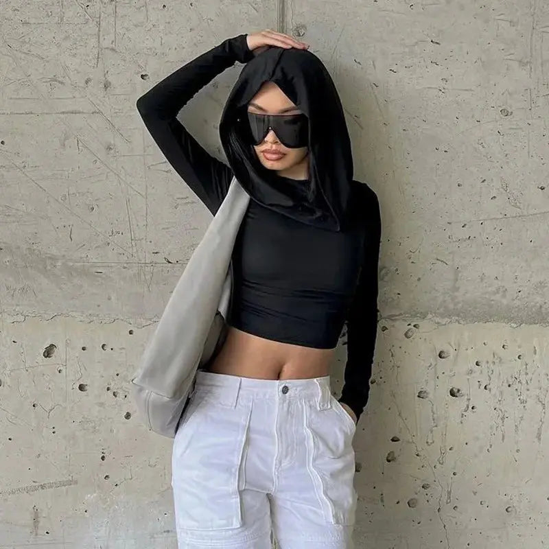 Autumn Women Hooded Slim T-Shirt Y2k Long Sleeve Solid Crop Tops Fashion Sporty Basics Tees Dune Wasteland Style Streetwear - Pre2brand