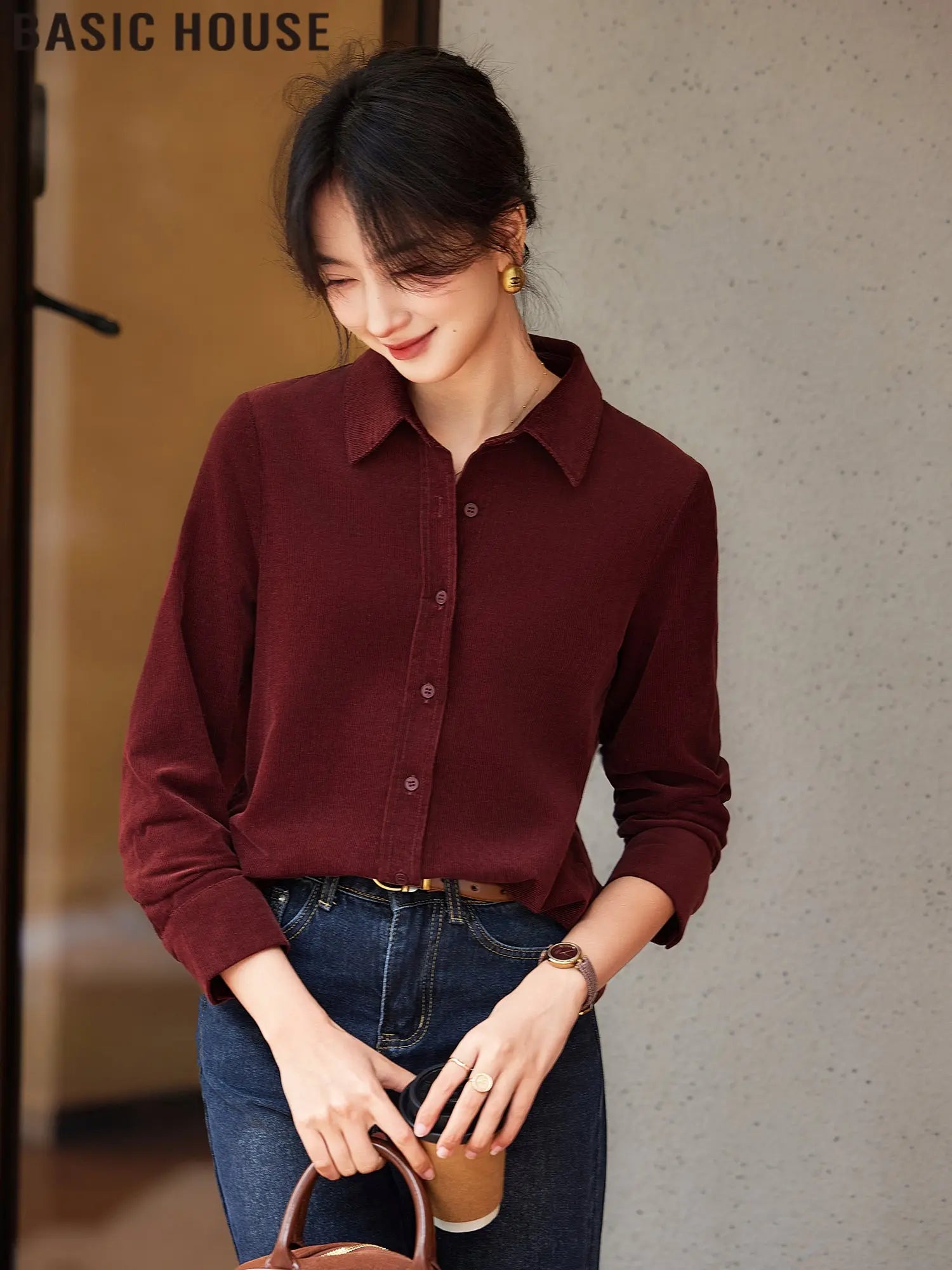 Basic House/Baijiahao Half-Day Leisure Ankela Red Corduroy Shirt for Women 2025 Spring New Arrival - Pre2brand