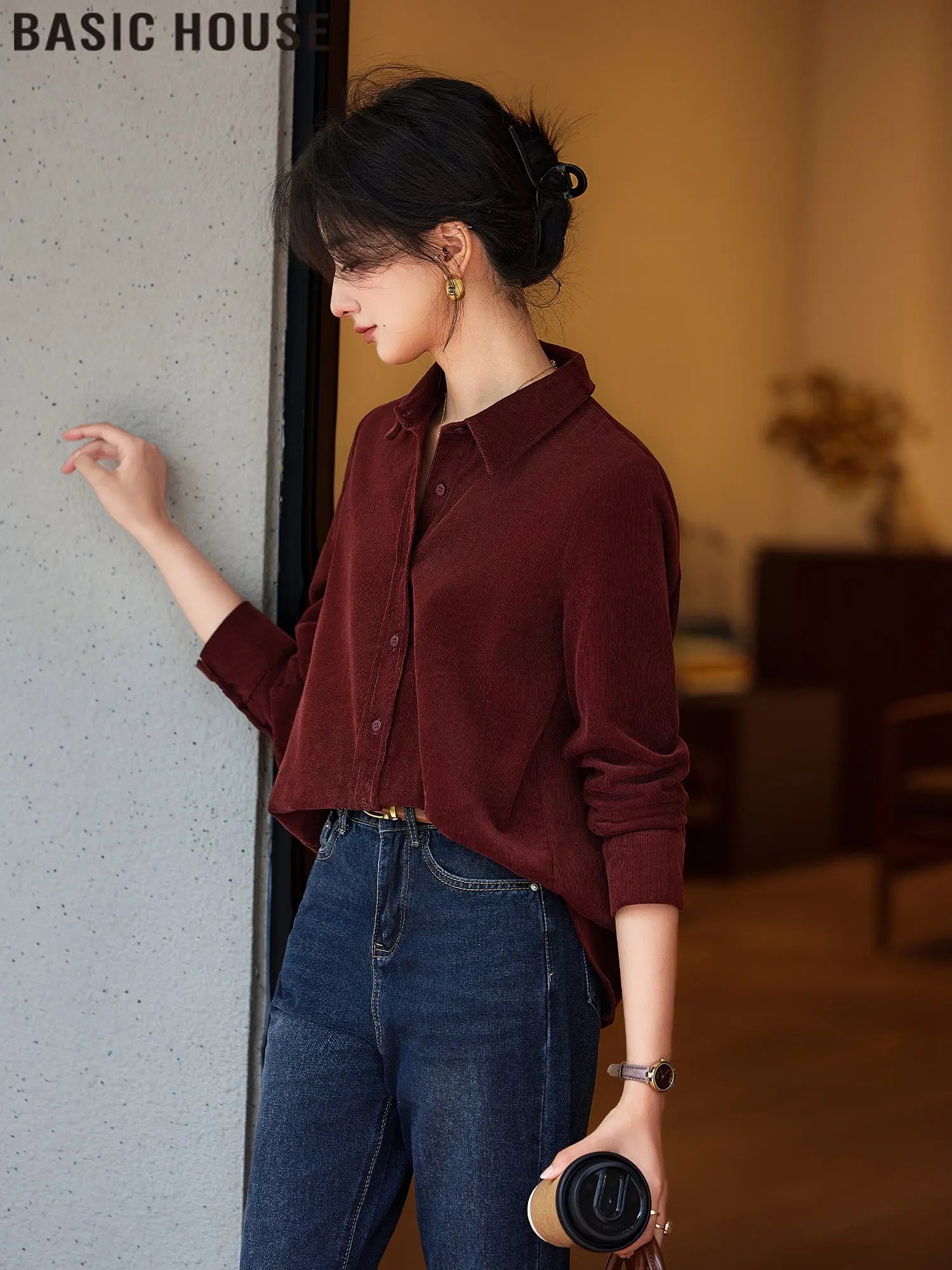 Basic House/Baijiahao Half-Day Leisure Ankela Red Corduroy Shirt for Women 2025 Spring New Arrival - Pre2brand