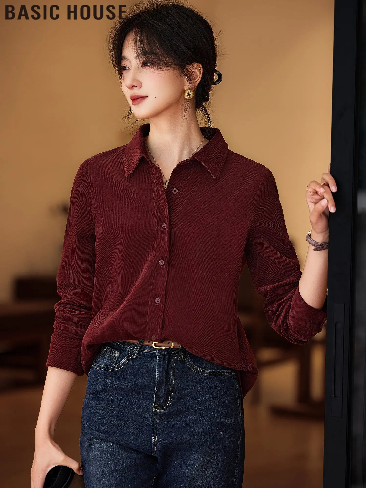 Basic House/Baijiahao Half-Day Leisure Ankela Red Corduroy Shirt for Women 2025 Spring New Arrival - Pre2brand