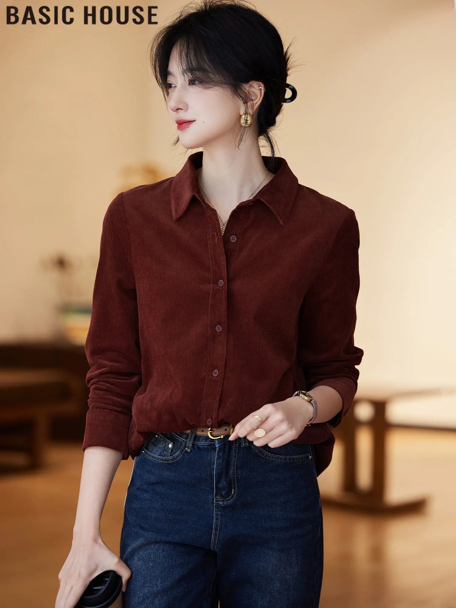 Basic House/Baijiahao Half-Day Leisure Ankela Red Corduroy Shirt for Women 2025 Spring New Arrival - Pre2brand