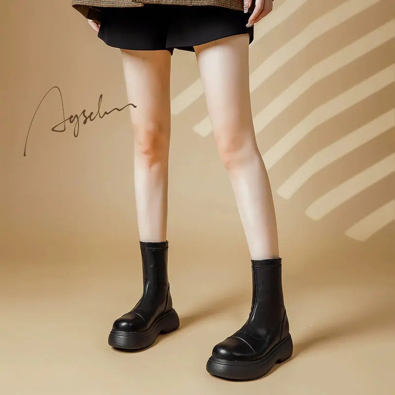 Black Thick Sole Chelsea Boots Female 2024 New Arrival Spring & Fall Winter Thin Ankle Boots Fashion Short British Style - Pre2brand