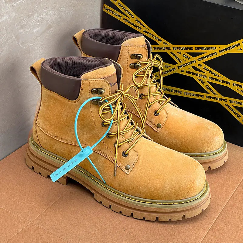 Boots Men's and Women's Worker Boots Couple British Style 2025 New Work Clothes Genuine Leather Retro Ankle Boots  Pre2brand EUR44-Yellow