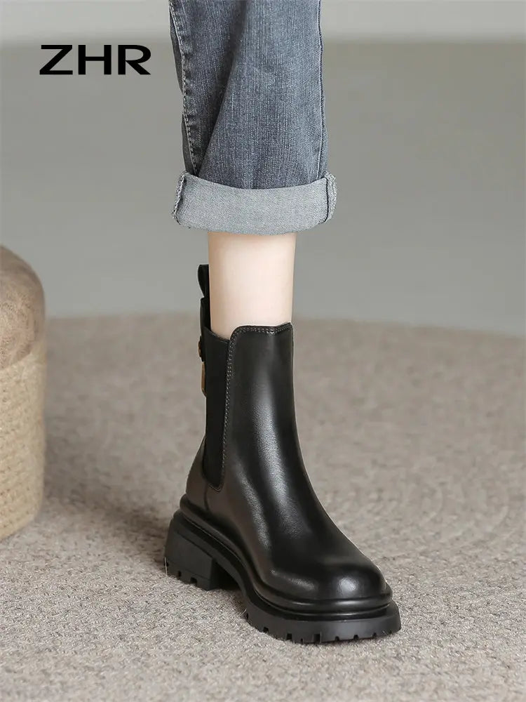 Boots Women's 2024 New British Style Fleece-lined Chelsea Thick Sole Smoke Pipe Boots Genuine Leather Skinny Boots Ankle Boots  Pre2brand