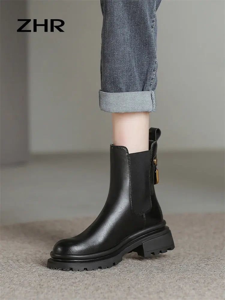 Boots Women's 2024 New British Style Fleece-lined Chelsea Thick Sole Smoke Pipe Boots Genuine Leather Skinny Boots Ankle Boots  Pre2brand