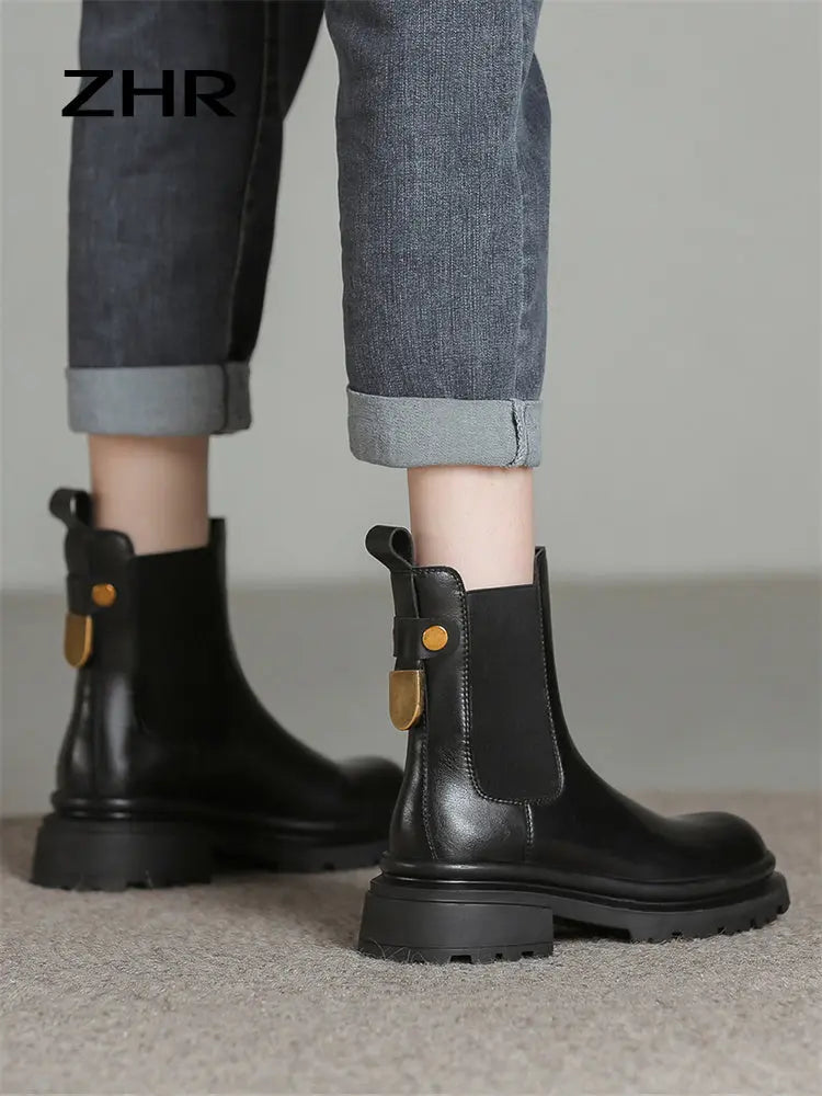 Boots Women's 2024 New British Style Fleece-lined Chelsea Thick Sole Smoke Pipe Boots Genuine Leather Skinny Boots Ankle Boots  Pre2brand