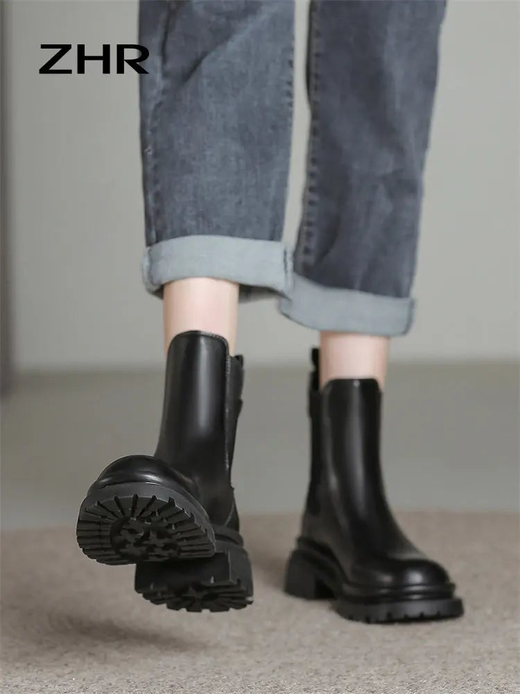 Boots Women's 2024 New British Style Fleece-lined Chelsea Thick Sole Smoke Pipe Boots Genuine Leather Skinny Boots Ankle Boots  Pre2brand