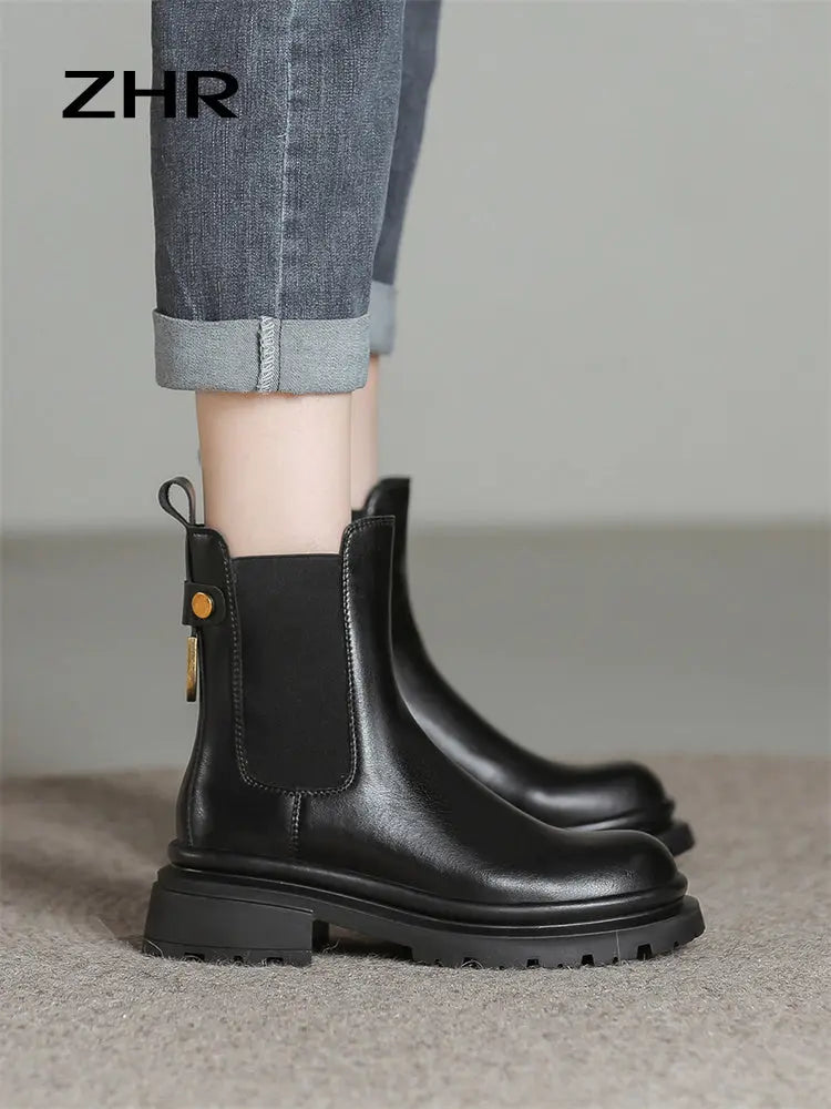 Boots Women's 2024 New British Style Fleece-lined Chelsea Thick Sole Smoke Pipe Boots Genuine Leather Skinny Boots Ankle Boots  Pre2brand