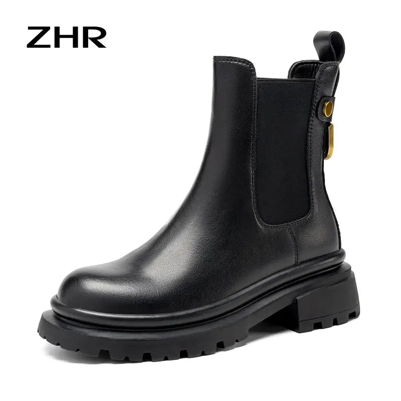 Boots Women's 2024 New British Style Fleece-lined Chelsea Thick Sole Smoke Pipe Boots Genuine Leather Skinny Boots Ankle Boots  Pre2brand 40-EHX65D-Black-heel-height-5.5cm