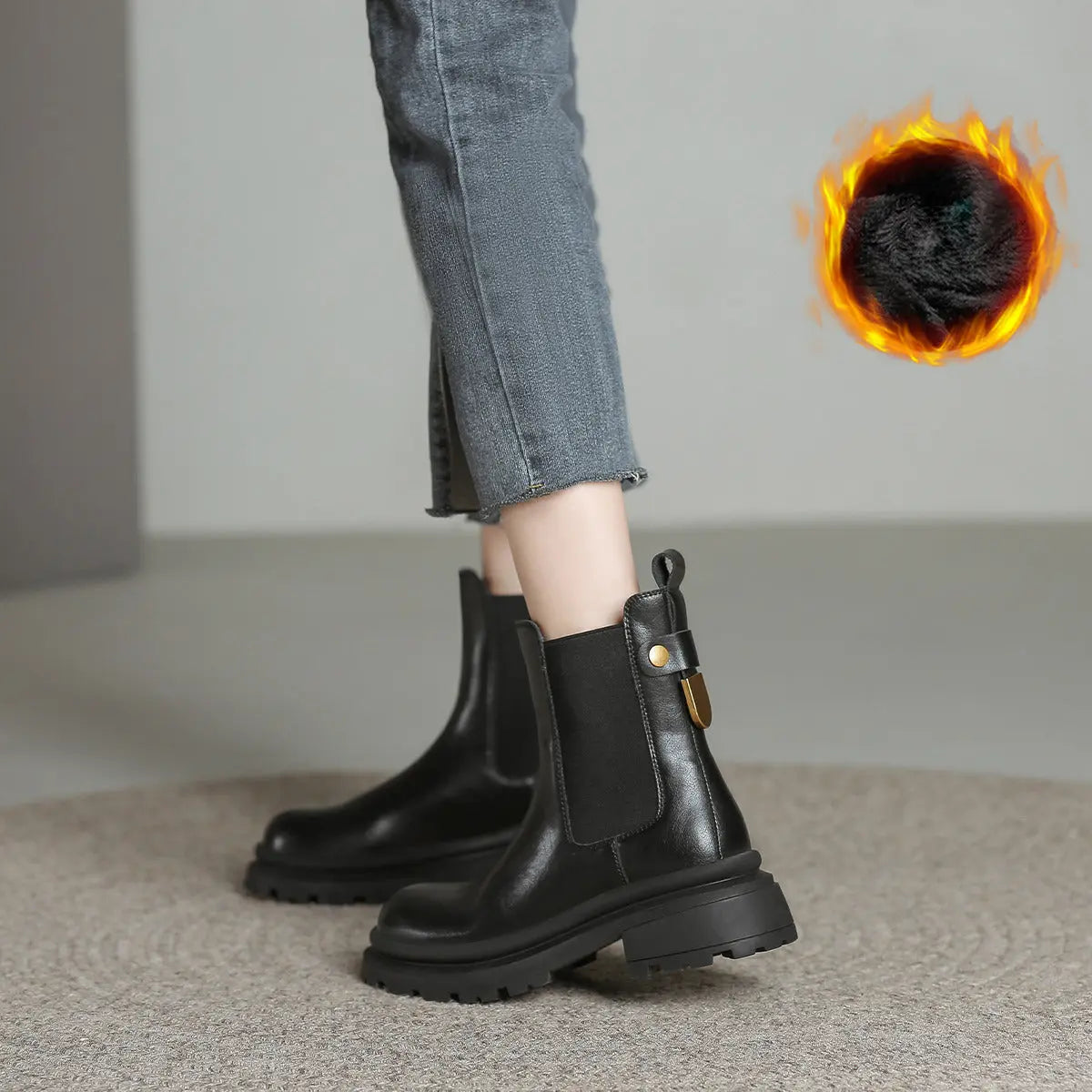 Boots Women's 2024 New British Style Fleece-lined Chelsea Thick Sole Smoke Pipe Boots Genuine Leather Skinny Boots Ankle Boots  Pre2brand 40-XT65AM-black-Fleece-lined-with-a-height-of-5.5c