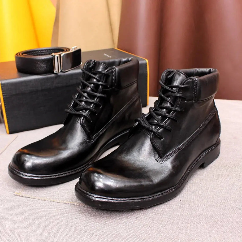 British Style Men's Ankle Boots Soft Handmade Genuine Leather Sole Motorcycle Windproof Boots Comfortable Lace-up Winter Shoes - Pre2brand