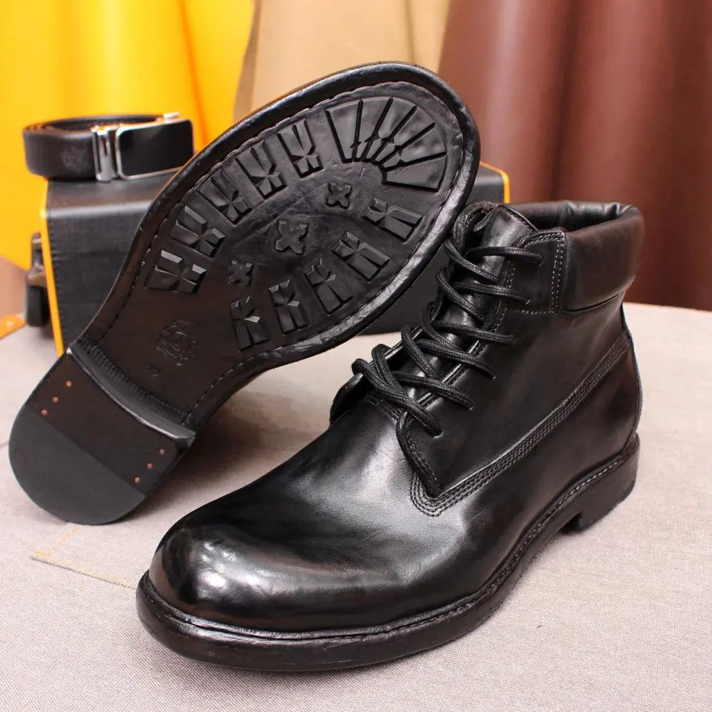 British Style Men's Ankle Boots Soft Handmade Genuine Leather Sole Motorcycle Windproof Boots Comfortable Lace-up Winter Shoes - Pre2brand