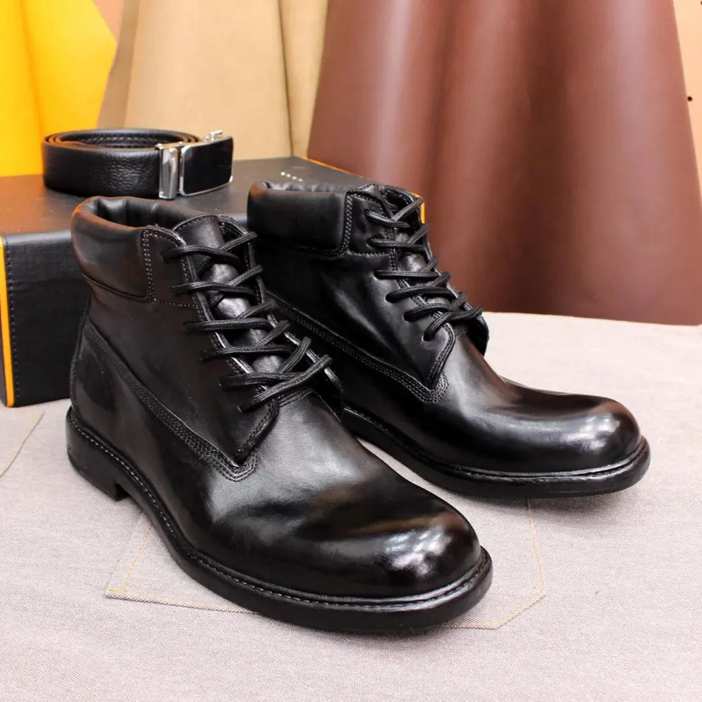 British Style Men's Ankle Boots Soft Handmade Genuine Leather Sole Motorcycle Windproof Boots Comfortable Lace-up Winter Shoes - Pre2brand