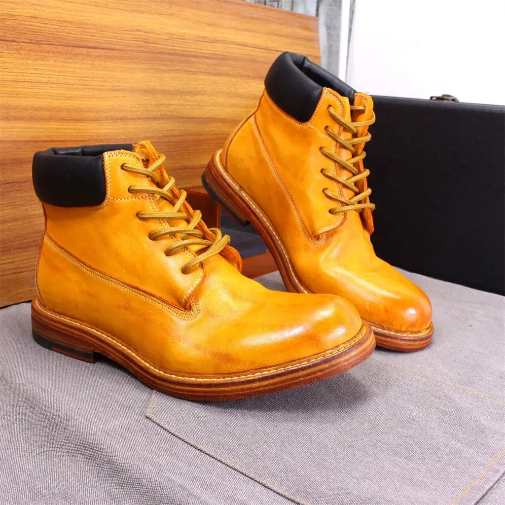 British Style Men's Ankle Boots Soft Handmade Genuine Leather Sole Motorcycle Windproof Boots Comfortable Lace-up Winter Shoes - Pre2brand