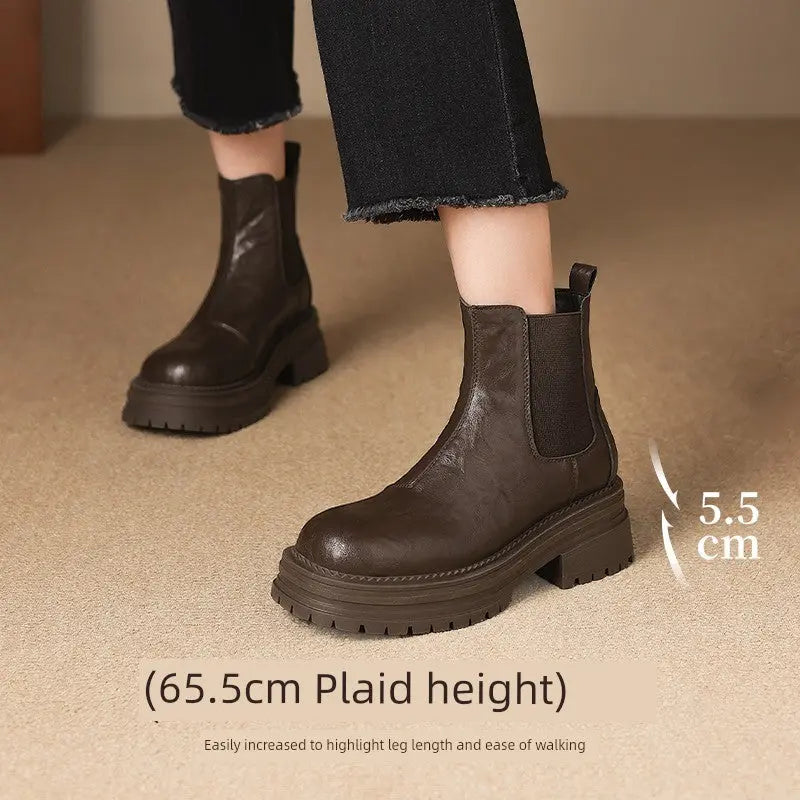 Brown Ankle Boots for Women 2024 Fall and Winter New Arrival Genuine Leather Thick Sole Chelsea Boots British Style Boots Slim Looking Smoke Pipe Boots  Pre2brand