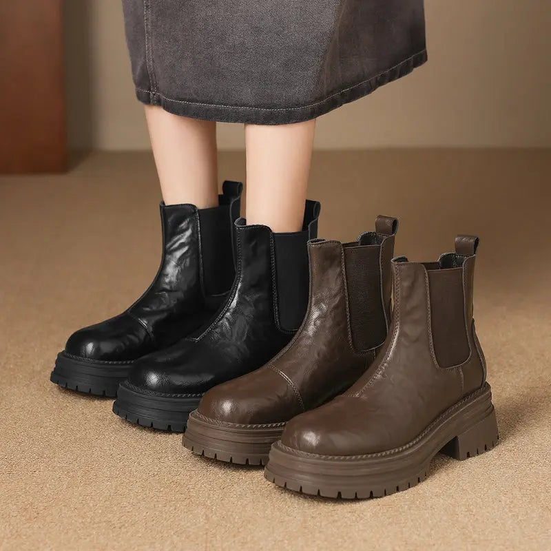 Brown Ankle Boots for Women 2024 Fall and Winter New Arrival Genuine Leather Thick Sole Chelsea Boots British Style Boots Slim Looking Smoke Pipe Boots  Pre2brand
