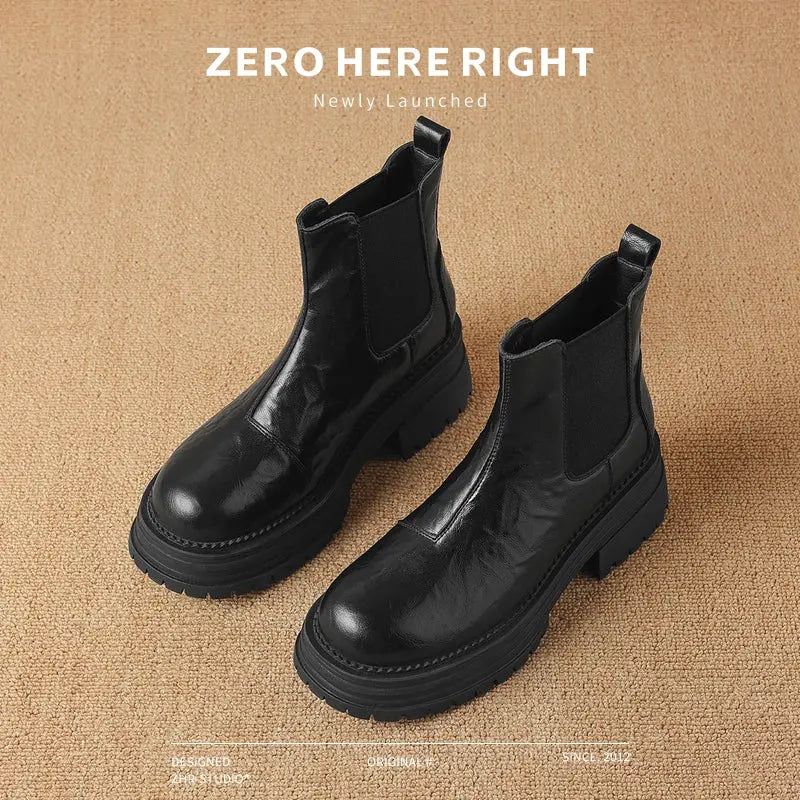 Brown Ankle Boots for Women 2024 Fall and Winter New Arrival Genuine Leather Thick Sole Chelsea Boots British Style Boots Slim Looking Smoke Pipe Boots  Pre2brand EUR40-250-117A-Black