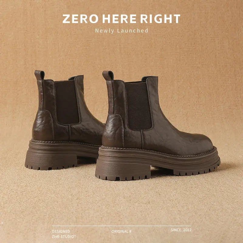 Brown Ankle Boots for Women 2024 Fall and Winter New Arrival Genuine Leather Thick Sole Chelsea Boots British Style Boots Slim Looking Smoke Pipe Boots  Pre2brand EUR40-250-117A-Brown