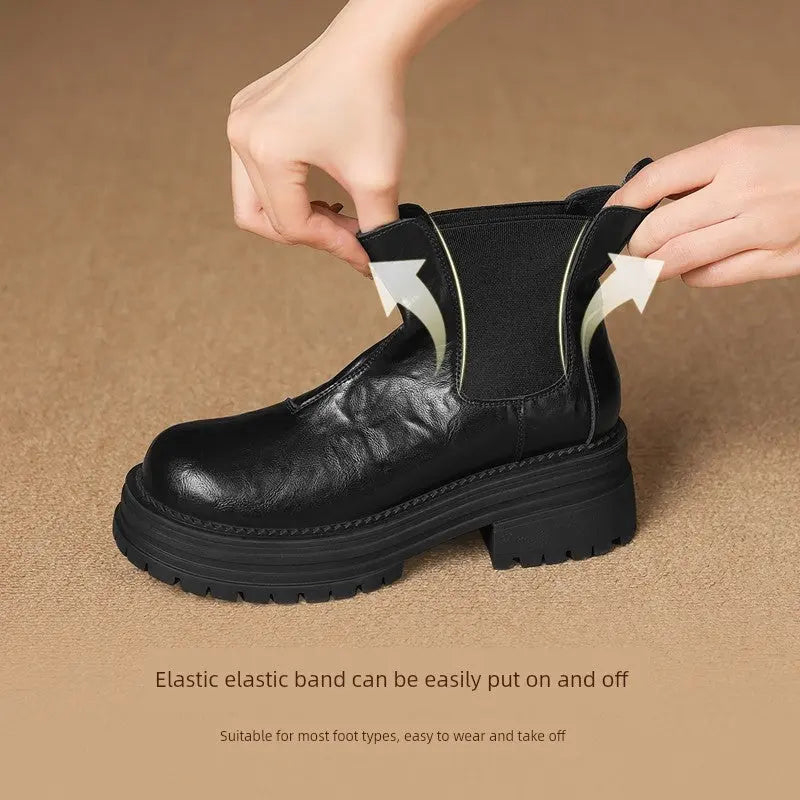 Brown Ankle Boots for Women 2024 Fall and Winter New Arrival Genuine Leather Thick Sole Chelsea Boots British Style Boots Slim Looking Smoke Pipe Boots  Pre2brand EUR40-250-Easiest-for-match-Retro-elasticity-incre