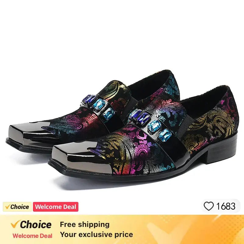 Business men shoes casual leather shoes square head shallow mouth formal dress shoes  Pre2brand black-pattern-45