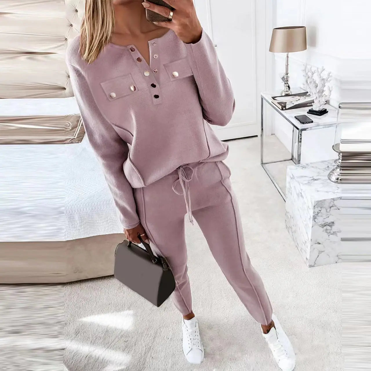 Casual Two-piece Set Women Autumn And Winter New High-neck Long-sleeved Trousers Suit - Pre2brand