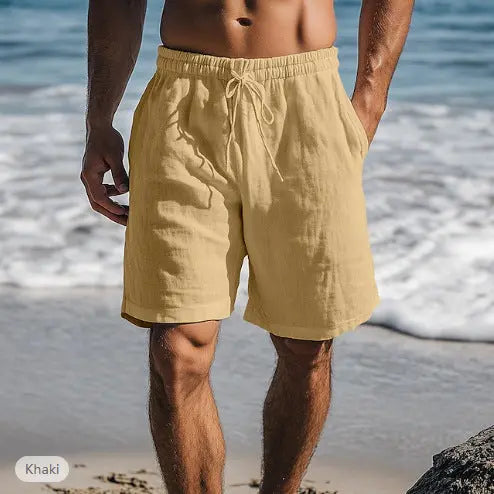 Cotton Linen Shorts Drawstring Elastic Waist Straight Leg  Pre2brand Khaki-XXXL