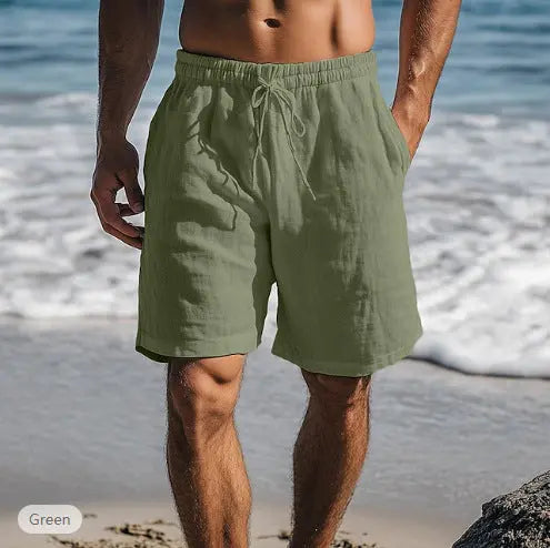 Cotton Linen Shorts Drawstring Elastic Waist Straight Leg  Pre2brand Army-Green-XXXL
